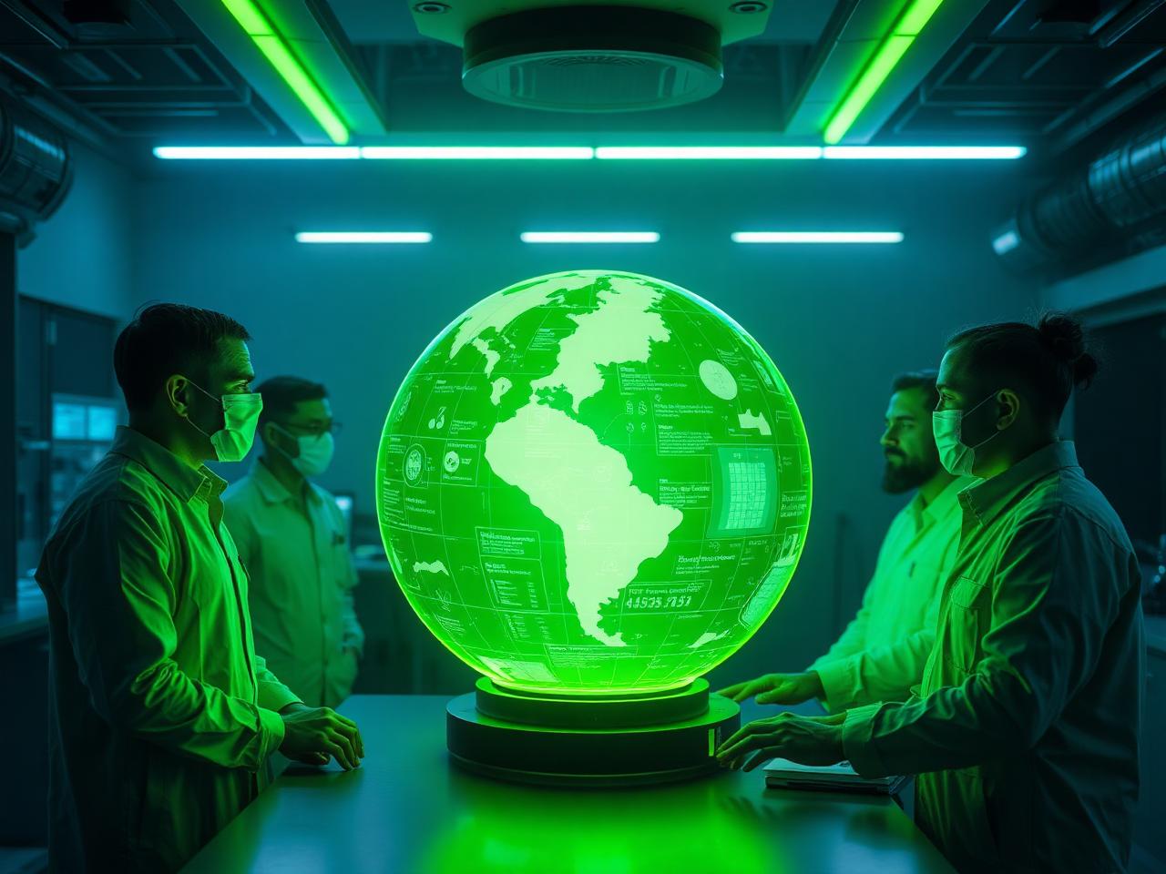 Engineers analyzing a green holographic globe