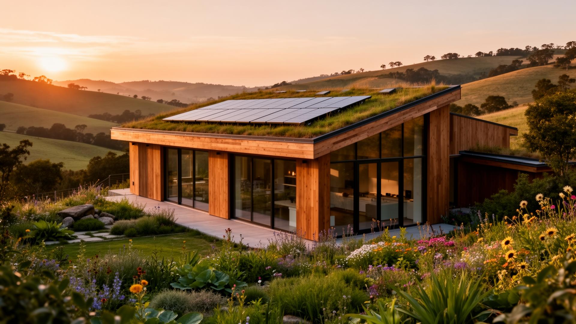 Modern eco-friendly home with solar at sunset